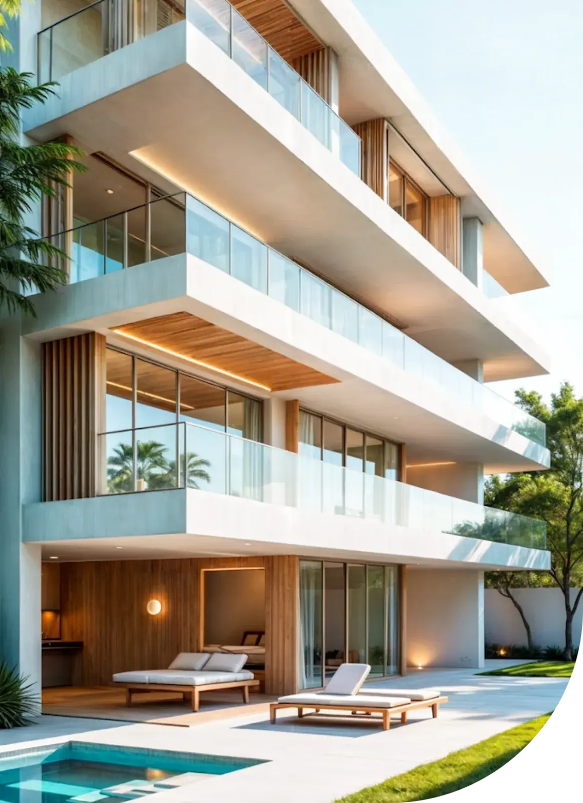 Modern multi-storey villa with glass balconies and a pool