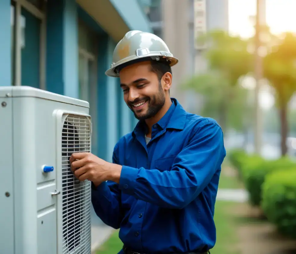 Smiling technician in hard hat offering reliable AC maintenance in Dubai.