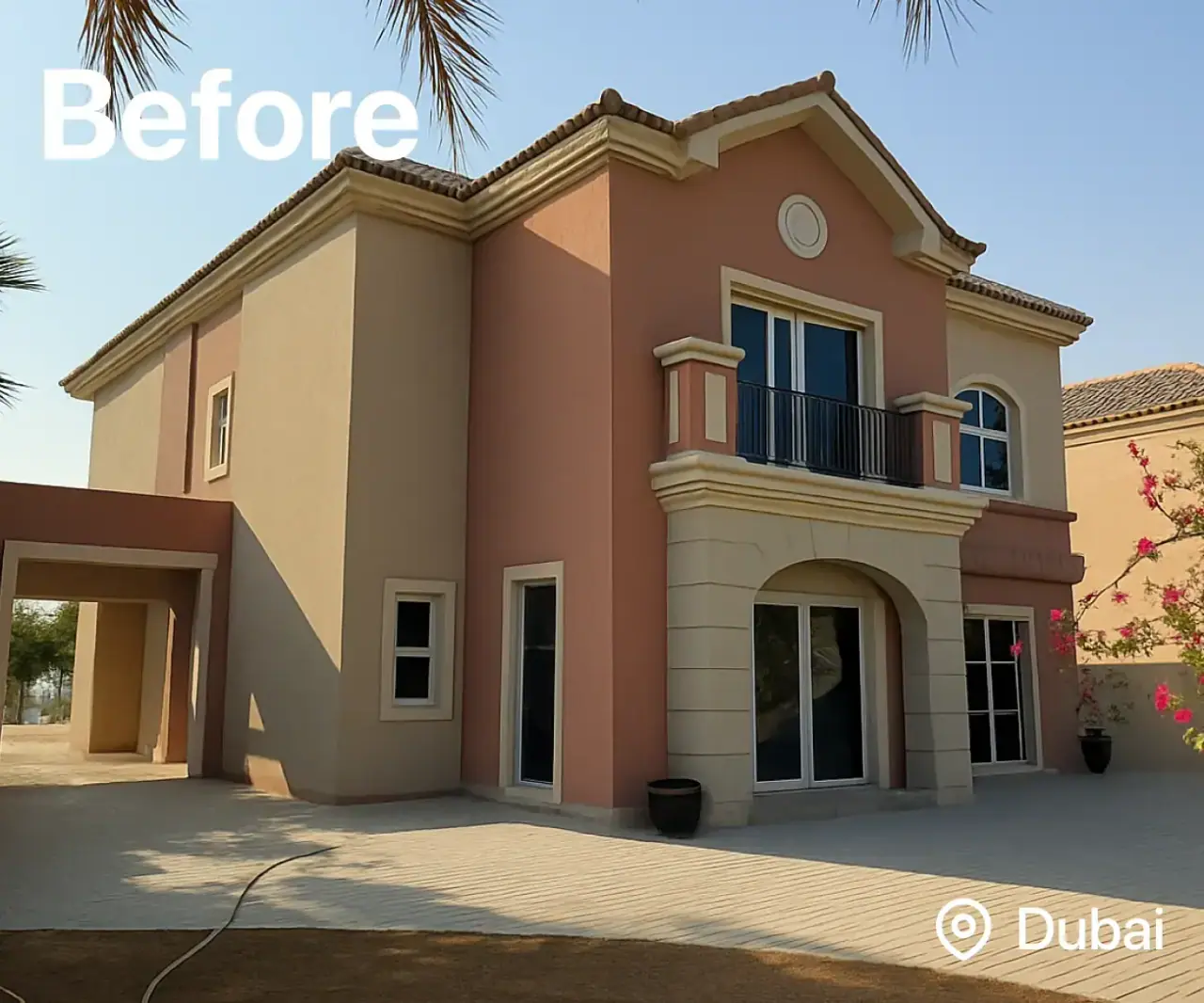 Villa exterior before renovation, with peach and beige render