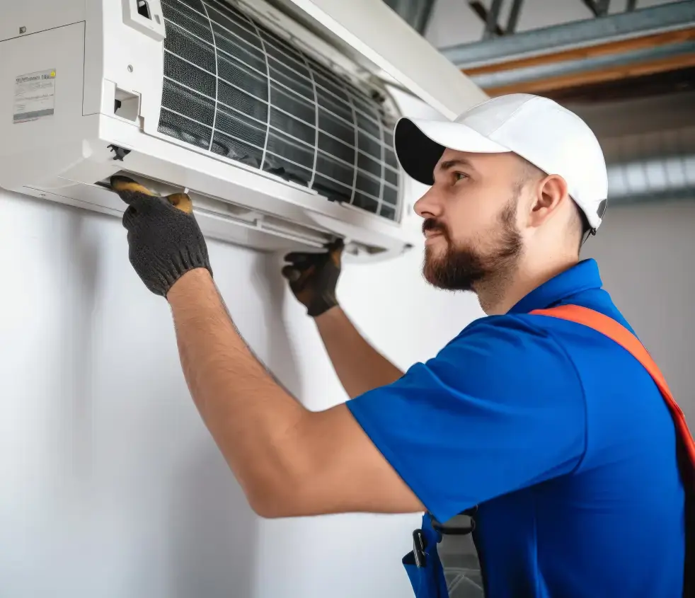 Technician in blue uniform and white hat servicing an air conditioner in the UAE’s hot climate