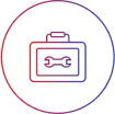 Neon circle icon with toolbox and wrench symbolizing emergency repair services.