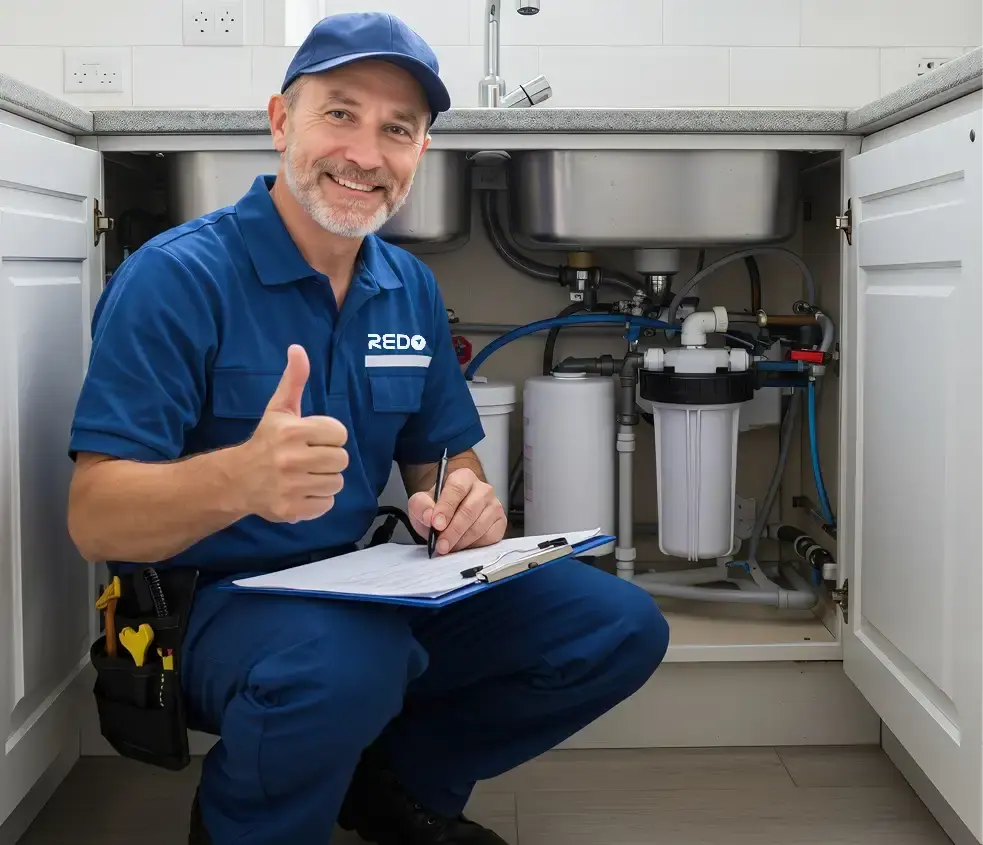 Redo staff in blue uniform holding a clipboard during office renovation inspection in Dubai
