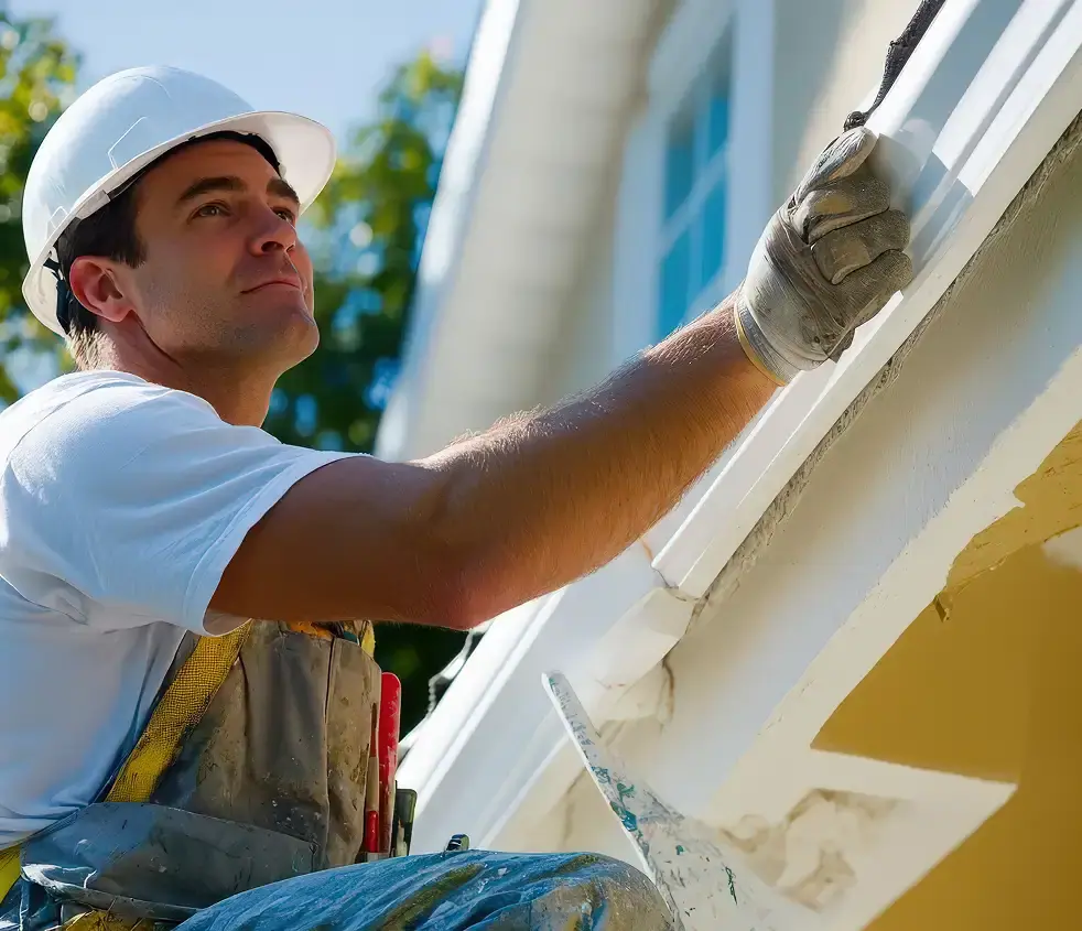 Professional exterior house painting in progress with scaffolding and tools