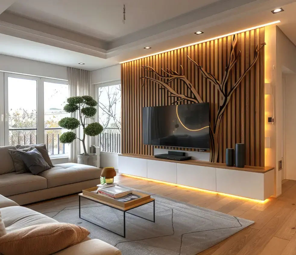 Living room with a slatted wood TV wall, backlit shelving and a grey sofa