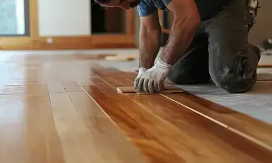 Professional technician installing new flooring with precision tools