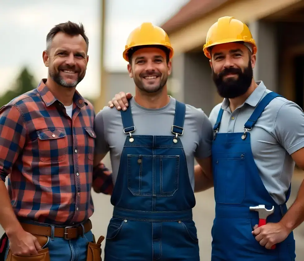 Group of REDO technicians in hard hats and overalls for AC and maintenance services.