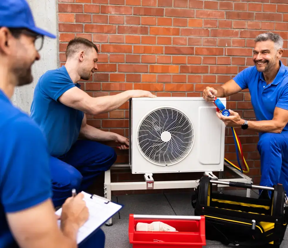 Group of REDO technicians in blue uniforms representing expert AC maintenance services in Dubai