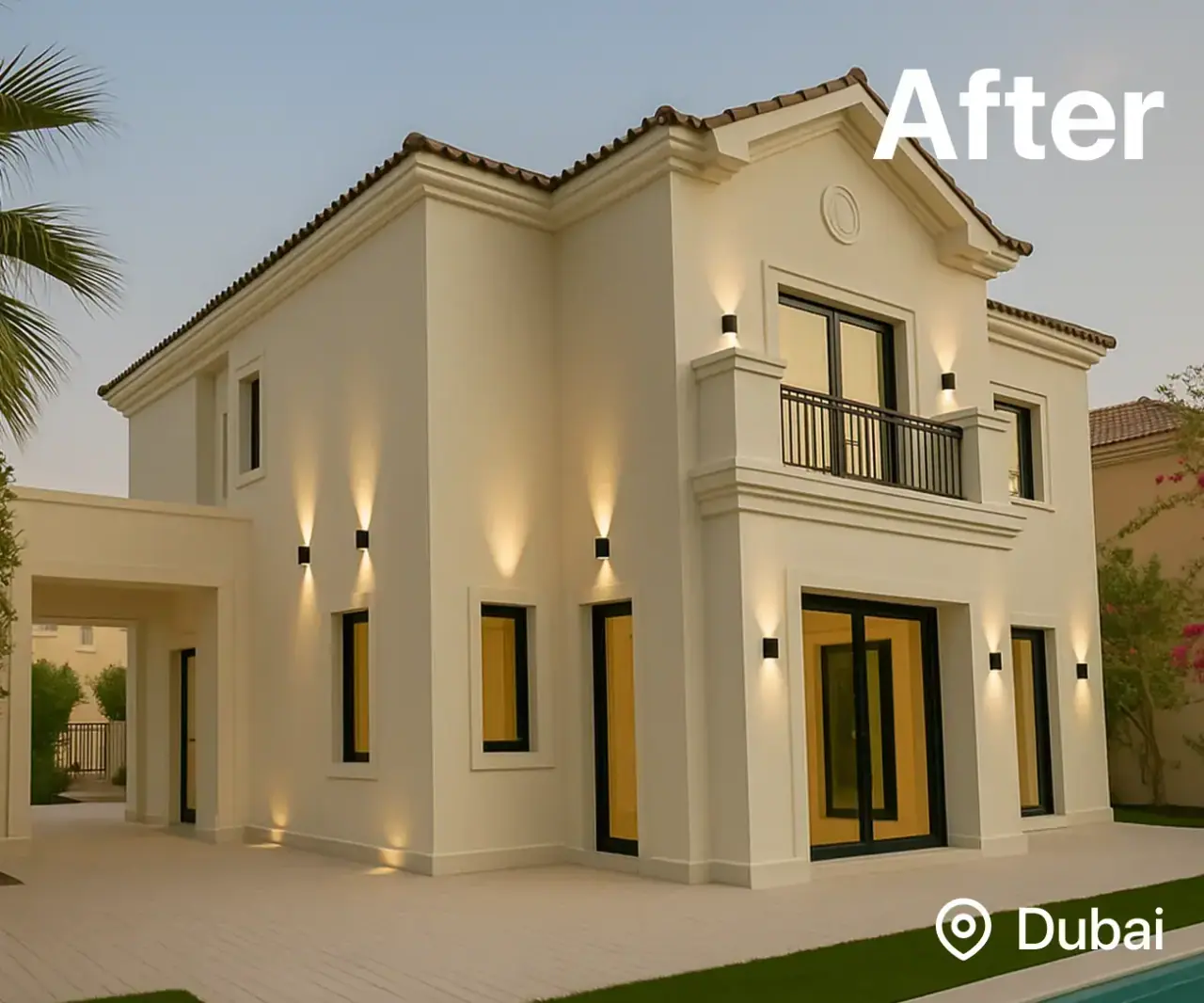 The same villa after renovation, with white render, black window frames and wall lights