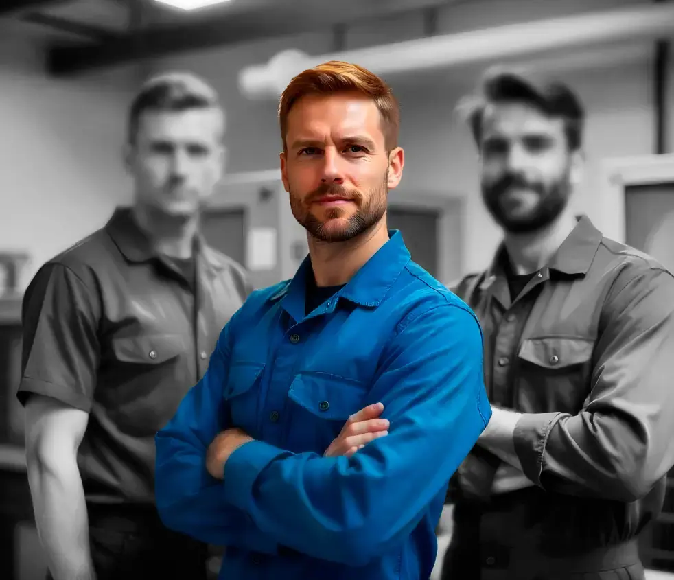 Technician in blue uniform with team, representing reliable AC maintenance.