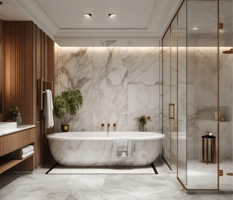 Bathroom with marble walls, a freestanding bath and a glass shower with brass fittings