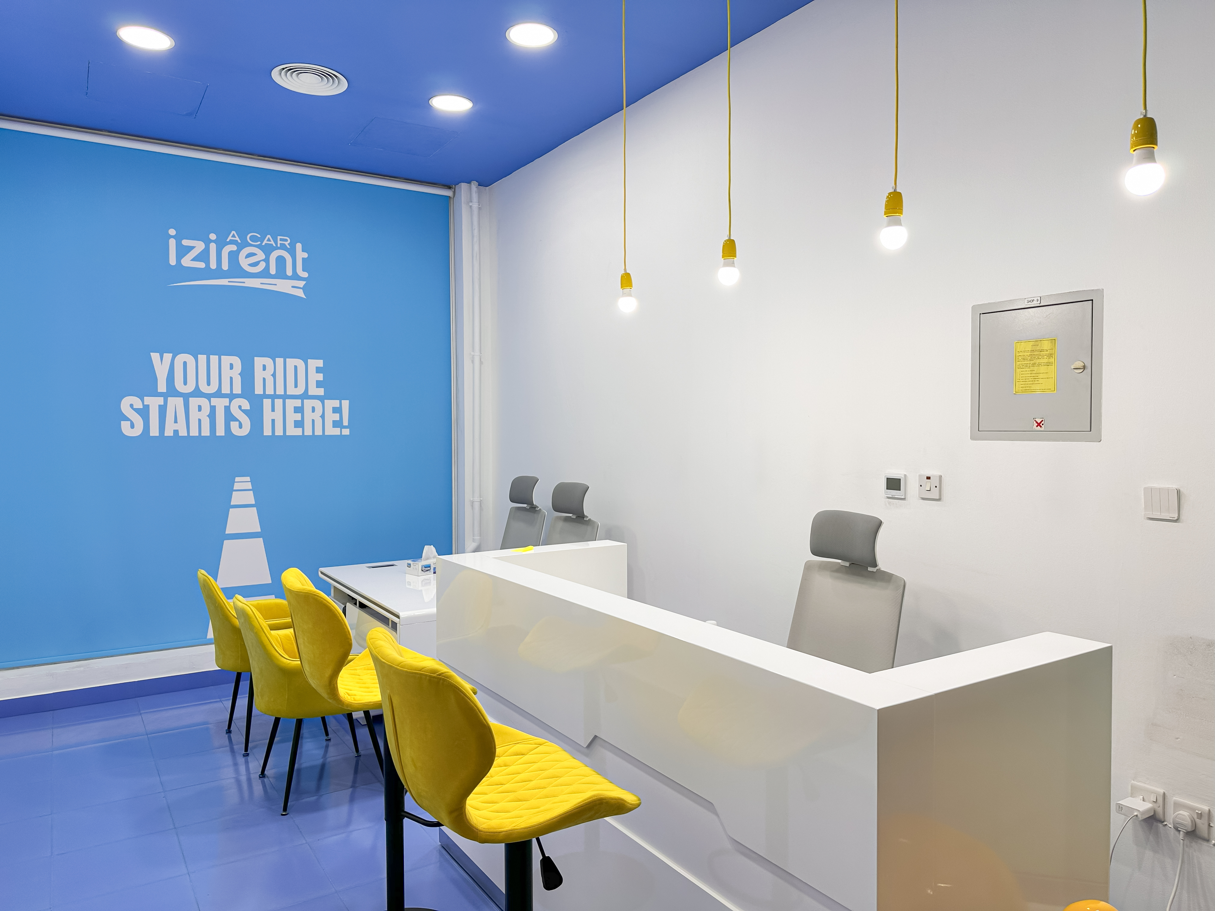 Modern reception with blue feature wall