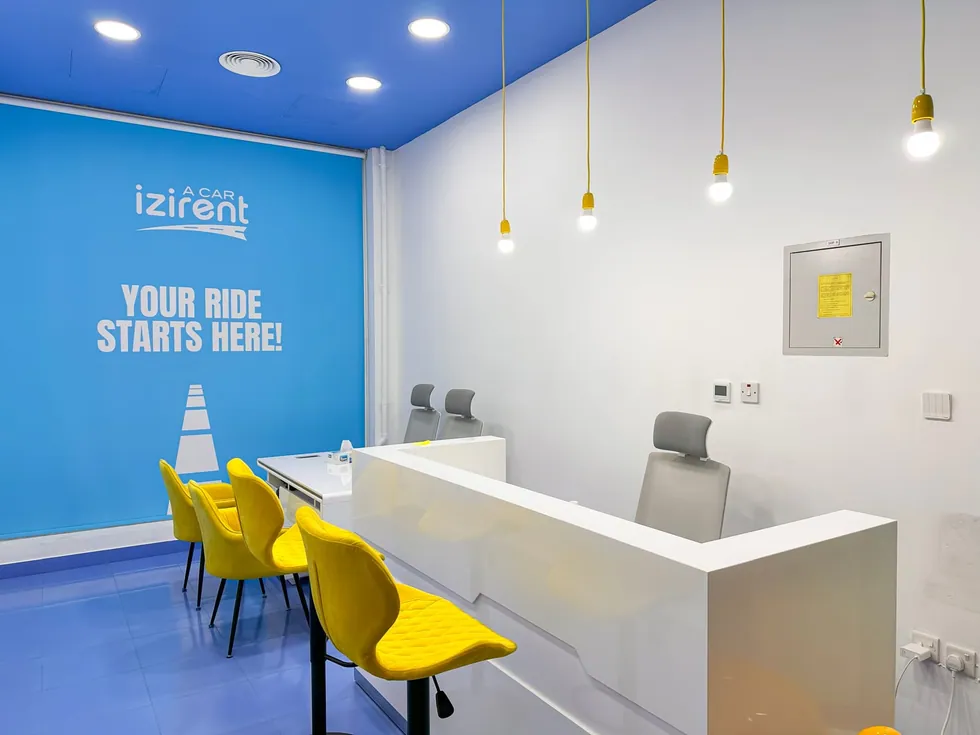 Modern reception with blue feature wall